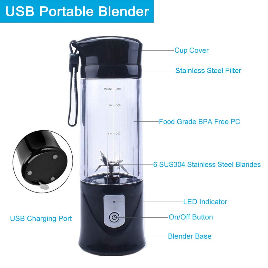 Portable Blender, Cordless Mini Personal Blender Juicer Cup, Single Serve Fruit Mixer, Small Travel Blender for Shakes and Smoothies, with 4000mAh USB Rechargeable Battery, 420ml, BPA-Free (Black)