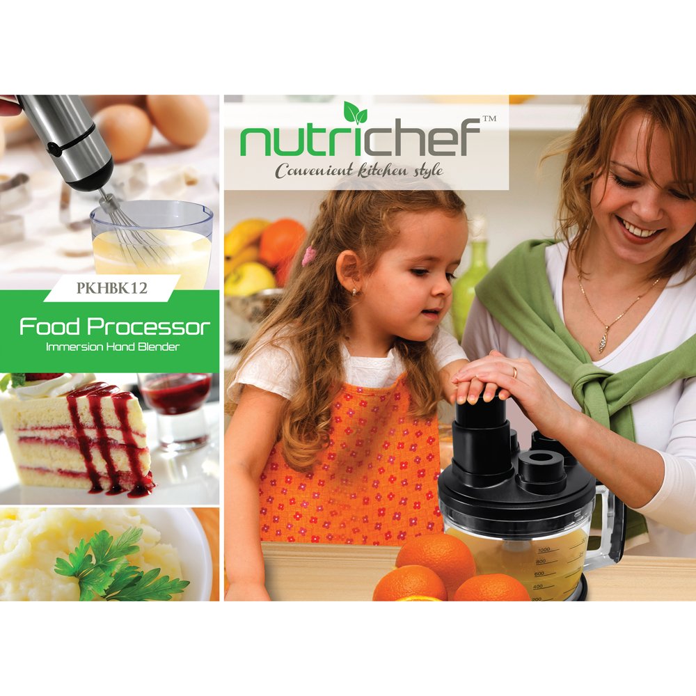 NutriChef Heavy Duty Food Processor and Immersion Blender, Stainless Steel with Attachments