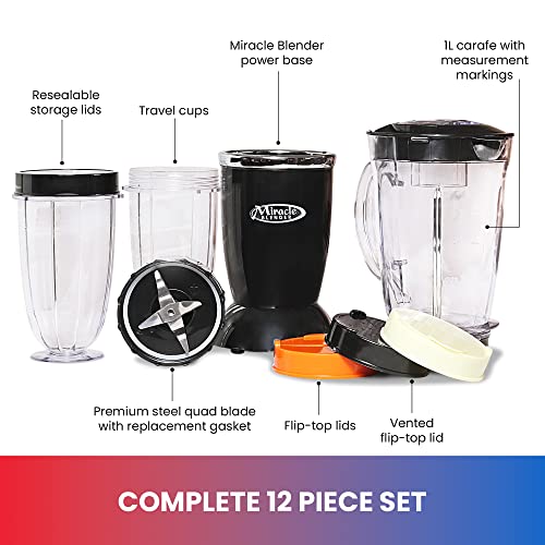 Koolatron Total Chef Miracle Blender 12-Piece Set with Heavy Duty Quad Blade, 1L Carafe, Travel Cups and Lids, Dishwasher-Safe Accessories, for Smoothies, Shakes, Sauces, Salsas, Baby Food
