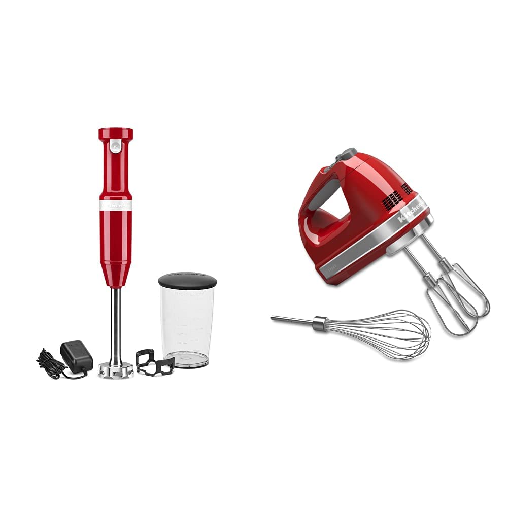 KitchenAid Cordless Variable Speed Hand Blender - KHBBV53 & KHM7210ER 7-Speed Digital Hand Mixer with Turbo Beater II Accessories and Pro Whisk - Empire Red