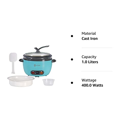 ICOOK Blue Rice Cooker 1L Grains,Oatmeal,Cereals Cooker,Rice Warmer Steamer,Small Mini Rice Cooker Removable Nonstick Pot,Full View Glass Lid,Stand Plastic Knob