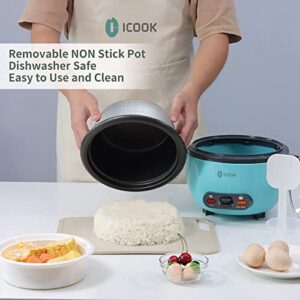 ICOOK Blue Rice Cooker 1L Grains,Oatmeal,Cereals Cooker,Rice Warmer Steamer,Small Mini Rice Cooker Removable Nonstick Pot,Full View Glass Lid,Stand Plastic Knob