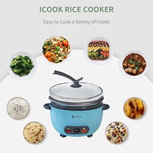 ICOOK Blue Rice Cooker 1L Grains,Oatmeal,Cereals Cooker,Rice Warmer Steamer,Small Mini Rice Cooker Removable Nonstick Pot,Full View Glass Lid,Stand Plastic Knob