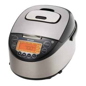 tiger corporation jkt-d18u 10-cup capacity induction heating electric rice cooker with 12 menu setting, 24-hour keep warm setting, spatula and measuring cup (black and stainless steel)