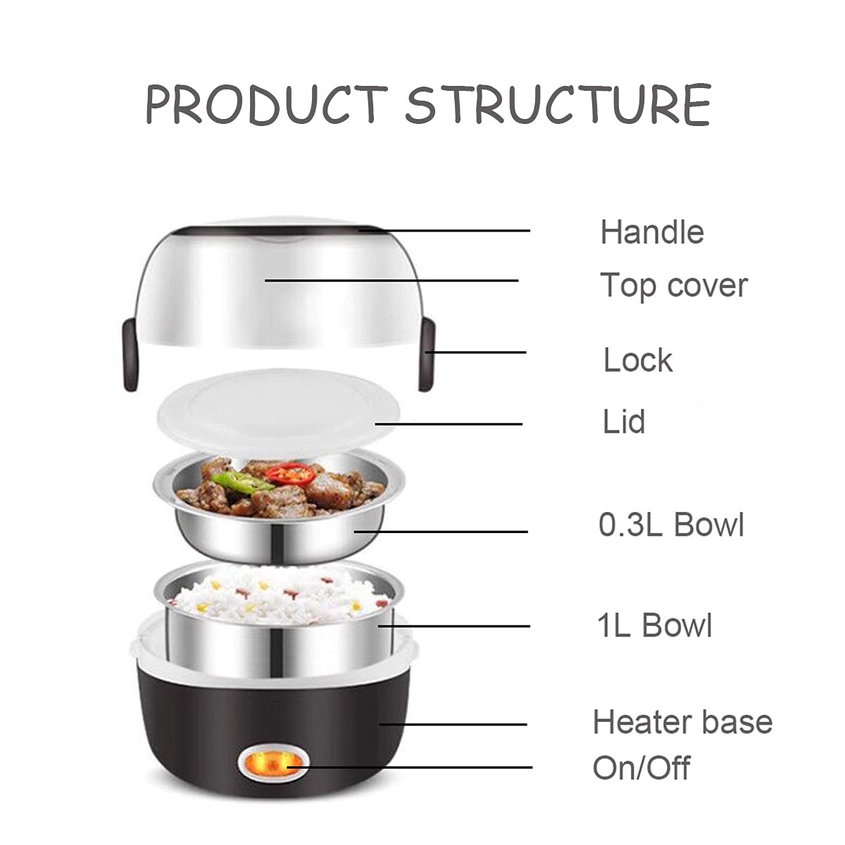 Portable Electric Heating Bento Lunch Box,Food Storage Warmer Container Rice Cooker Food Steamer (1.3L-Brown)