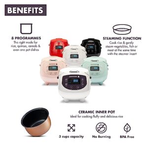 Reishunger Digital Mini Rice Cooker & Steamer, Pink with Keep-Warm Function & Timer - 3.5 Cups - Small Rice Cooker Japanese Style with Ceramic Inner Pot - 8 Programs - 1-3 People