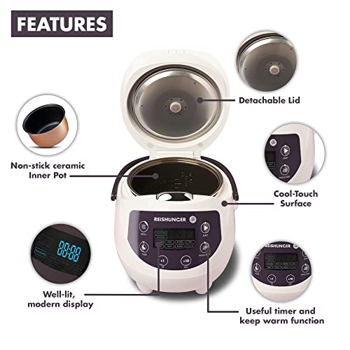 Reishunger Digital Mini Rice Cooker & Steamer, Pink with Keep-Warm Function & Timer - 3.5 Cups - Small Rice Cooker Japanese Style with Ceramic Inner Pot - 8 Programs - 1-3 People