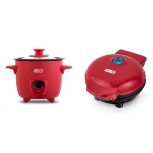 dash drcm200gbrd04 mini rice cooker steamer, red & mini maker portable grill machine + panini press with recipe guide - red