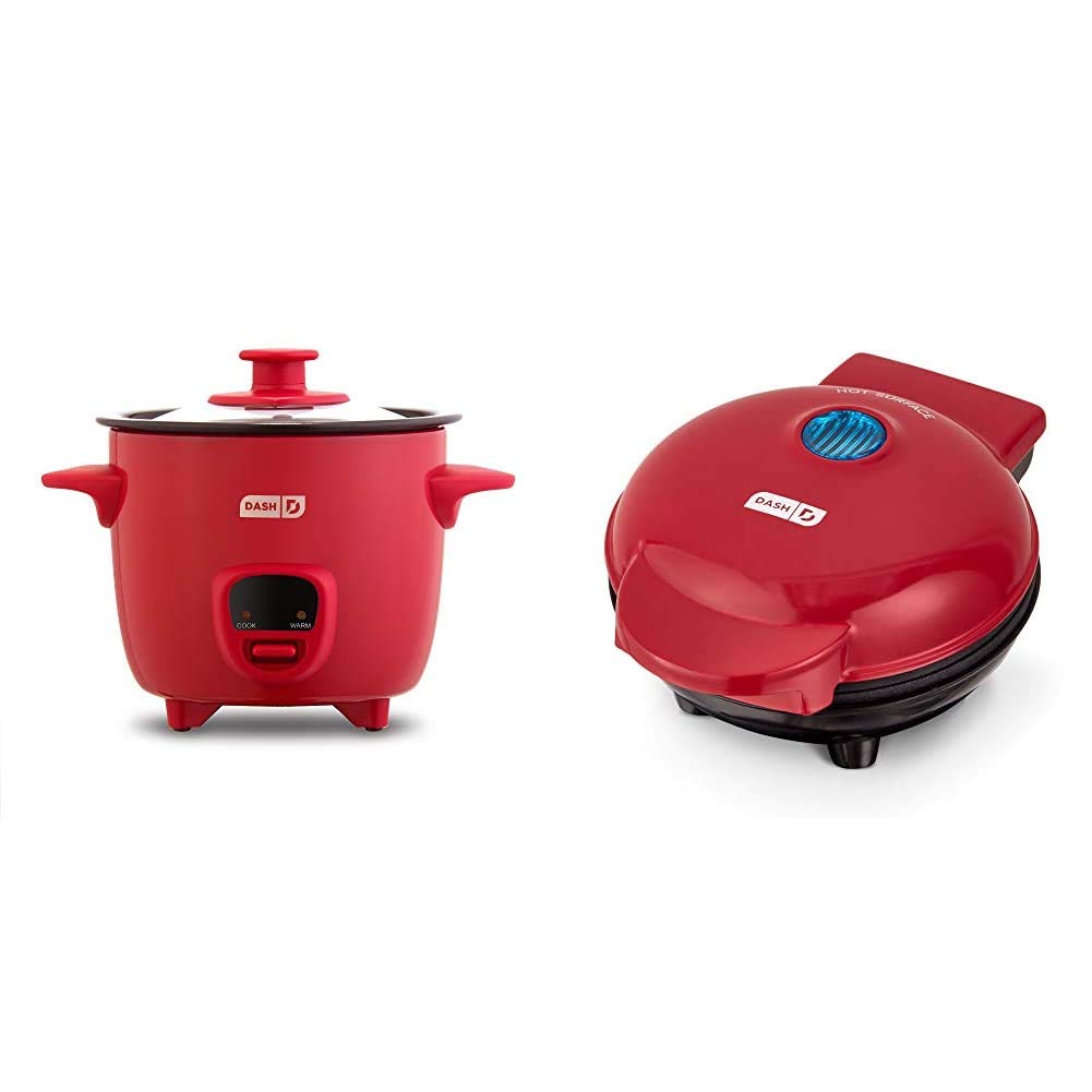 Dash DRCM200GBRD04 Mini Rice Cooker Steamer, Red & Mini Maker Portable Grill Machine + Panini Press with Recipe Guide - Red