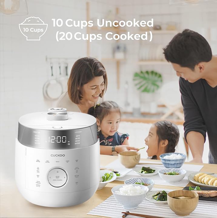 CUCKOO IH Twin Pressure Small Stainless Steel Rice Cooker 10 Cup Uncooked & 20 Cup Cooked with Induction Heating, LED Touch Controls, Reheat Option (White)