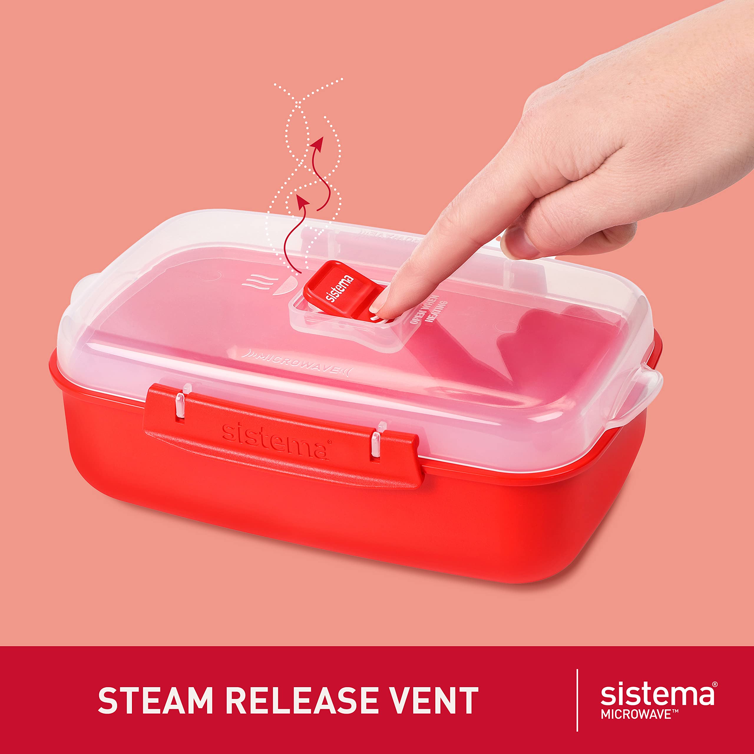 Sistema Microwave Rice Cooker and Steamer Bowl for Vegetables with Steam Release Vent, Dishwasher Safe, Red & Microwave Food Storage Containers with Steam Release Vent, Dishwasher Safe, Red