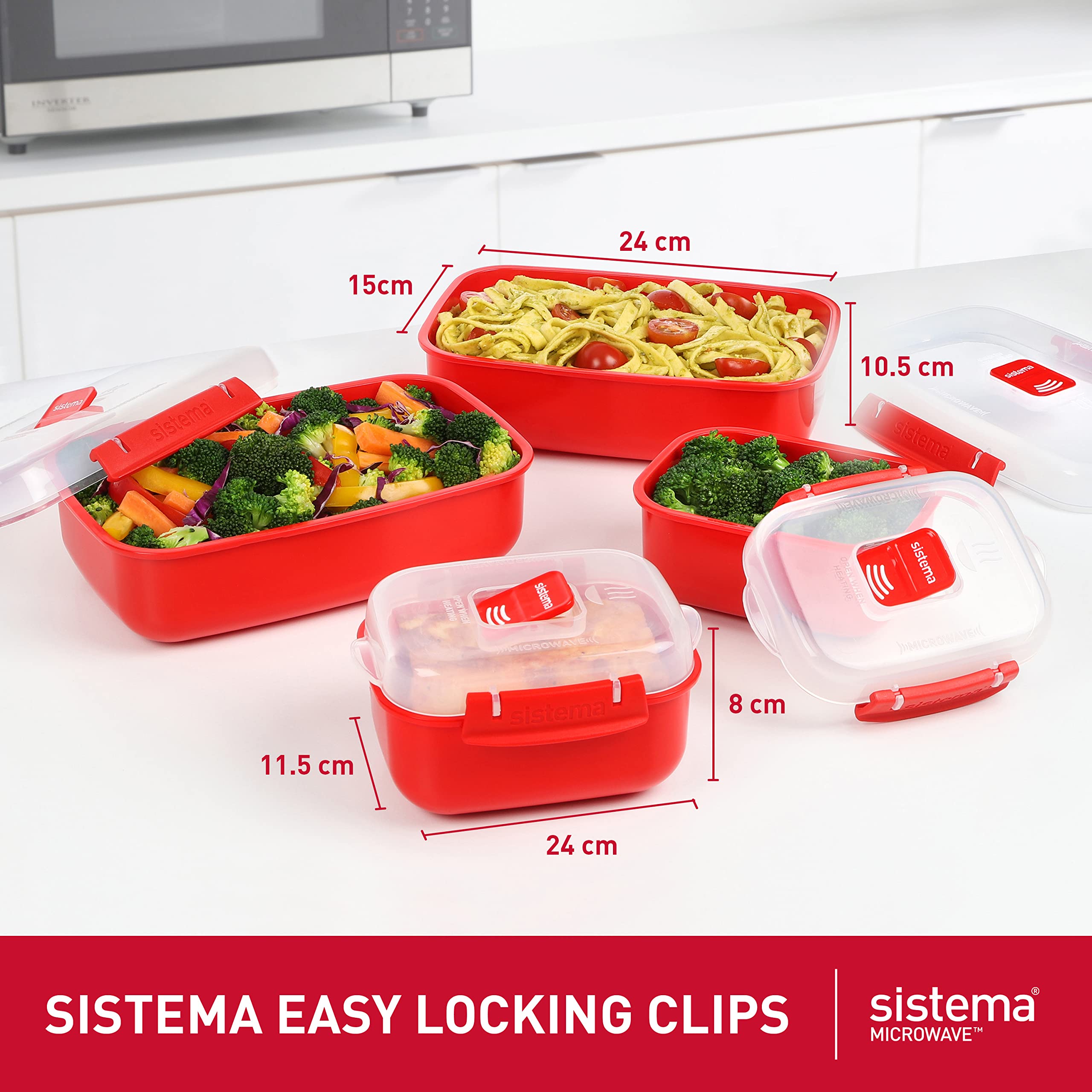 Sistema Microwave Rice Cooker and Steamer Bowl for Vegetables with Steam Release Vent, Dishwasher Safe, Red & Microwave Food Storage Containers with Steam Release Vent, Dishwasher Safe, Red