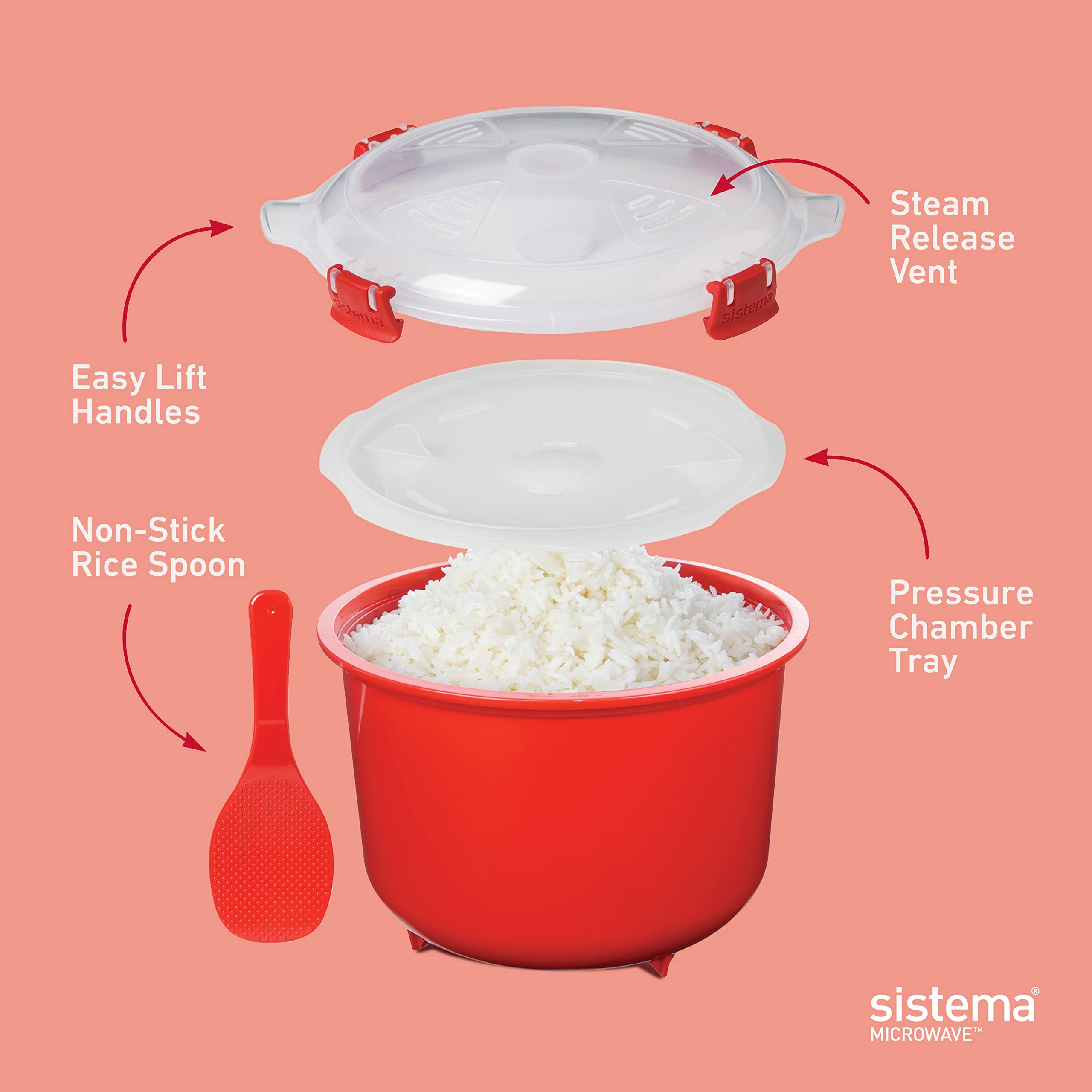 Sistema Microwave Rice Cooker and Steamer Bowl for Vegetables with Steam Release Vent, Dishwasher Safe, Red & Microwave Food Storage Containers with Steam Release Vent, Dishwasher Safe, Red