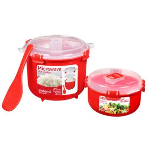 Sistema Microwave Rice Cooker and Steamer Bowl for Vegetables with Steam Release Vent, Dishwasher Safe, Red & Microwave Food Storage Containers with Steam Release Vent, Dishwasher Safe, Red