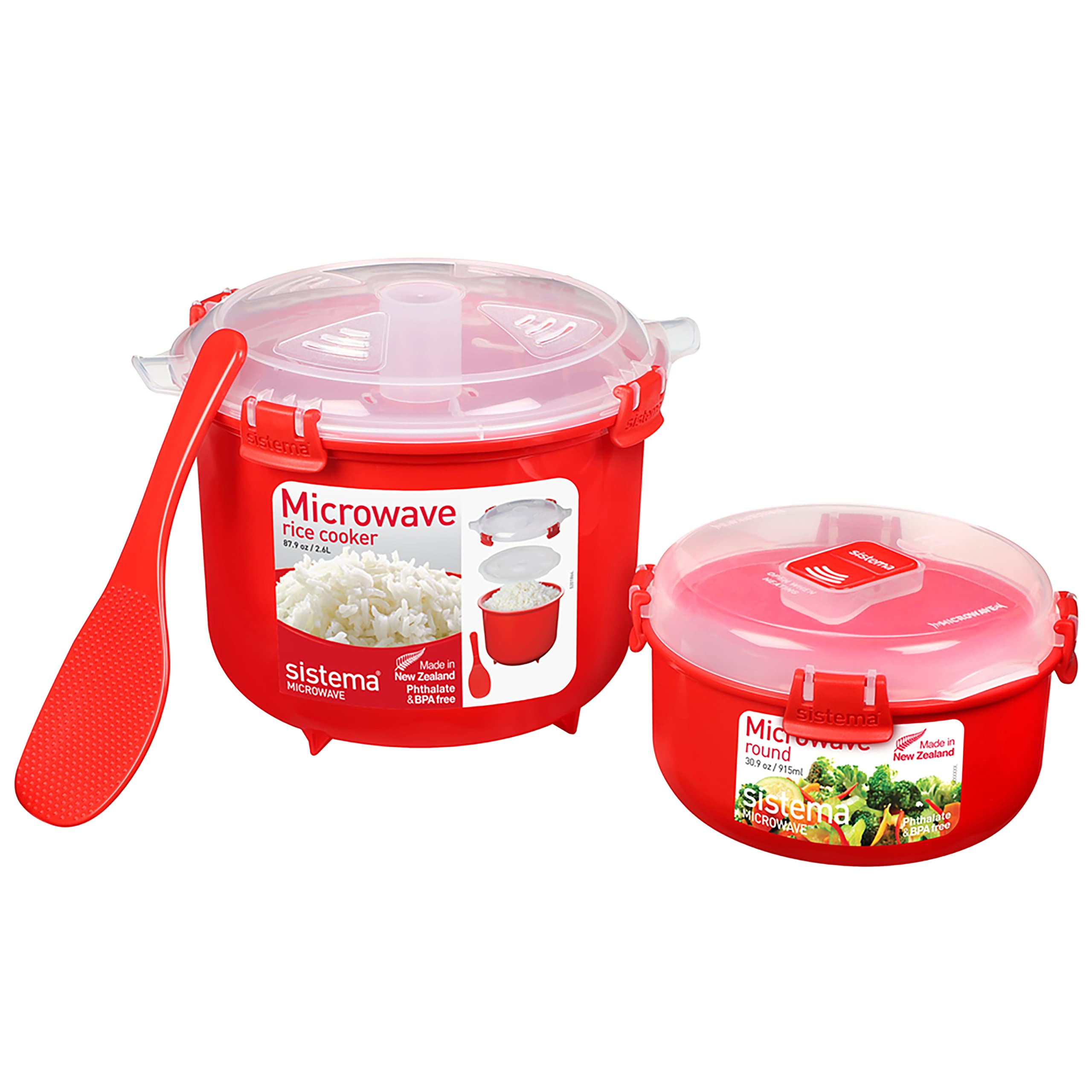 Sistema Microwave Rice Cooker and Steamer Bowl for Vegetables with Steam Release Vent, Dishwasher Safe, Red & Microwave Food Storage Containers with Steam Release Vent, Dishwasher Safe, Red