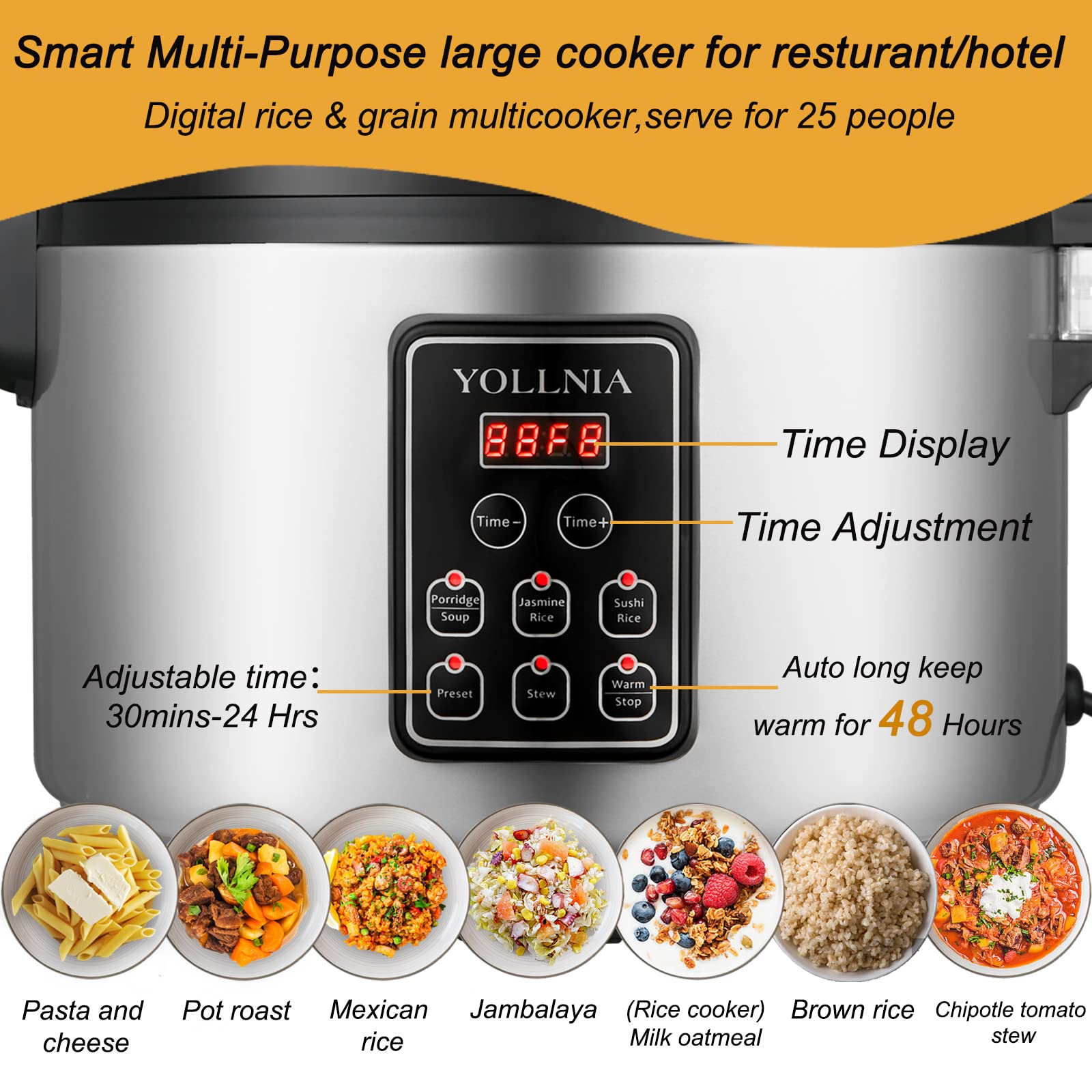 YOLLNIA Commercial Large Rice Cooker & food warmer | 13.8QT/65 Cups cooked rice | 1350W Multi-function electric sushi rice cooker | LED Display | Timer Setting | Smart preset from 30 min-24 Hrs