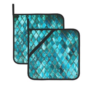 turquoise blue mermaid scales pot holders set of 2 with loop heat resistant hot pads for cooking baking grilling