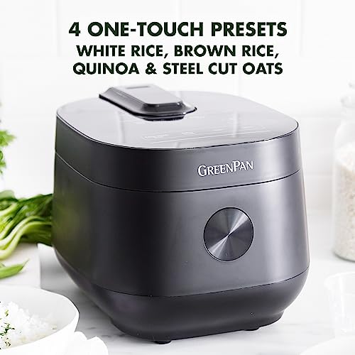 GreenPan Healthy Ceramic Nonstick Rice Quinoa Steel Cut Oats & Grains Cooker,Easy Meal Presets,4 Cups Uncooked (8 Cooked),Cool Touch,Compact,Warms, Steam,Removeable Bowl,Spatula Ladle&Cup, Matte Black