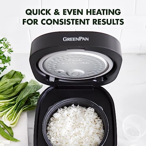 GreenPan Healthy Ceramic Nonstick Rice Quinoa Steel Cut Oats & Grains Cooker,Easy Meal Presets,4 Cups Uncooked (8 Cooked),Cool Touch,Compact,Warms, Steam,Removeable Bowl,Spatula Ladle&Cup, Matte Black