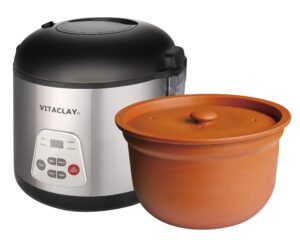 vitaclay smart organic clay rice cooker & slow cooker - toxin free clay electric pot for cooking rice, slow cooker, soup maker, warmer, stew pot with natural earthen clay crock, 6 cup / 3.2 qt