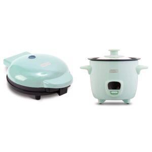 dash 8” express electric round griddle & snacks - aqua & mini rice cooker steamer with removable nonstick pot, keep warm function & recipe guide, 2 cups, aqua