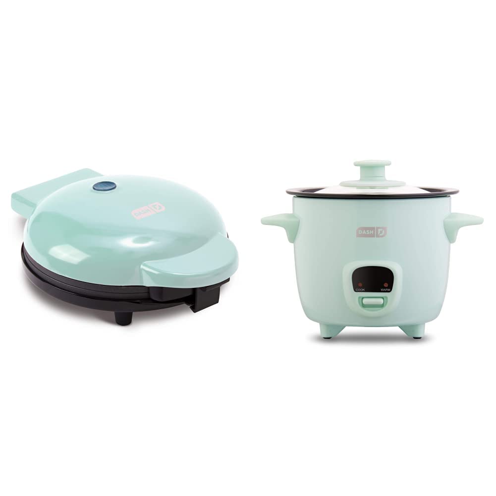 DASH 8” Express Electric Round Griddle & Snacks - Aqua & Mini Rice Cooker Steamer with Removable Nonstick Pot, Keep Warm Function & Recipe Guide, 2 cups, Aqua