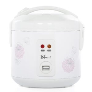 8 cup cooked/4 cup uncooked rice cooker, easy clean removable non-stick inner pan and rice spatula, simple one touch operation with automatic keep warm function, safe cool touch exterior, white