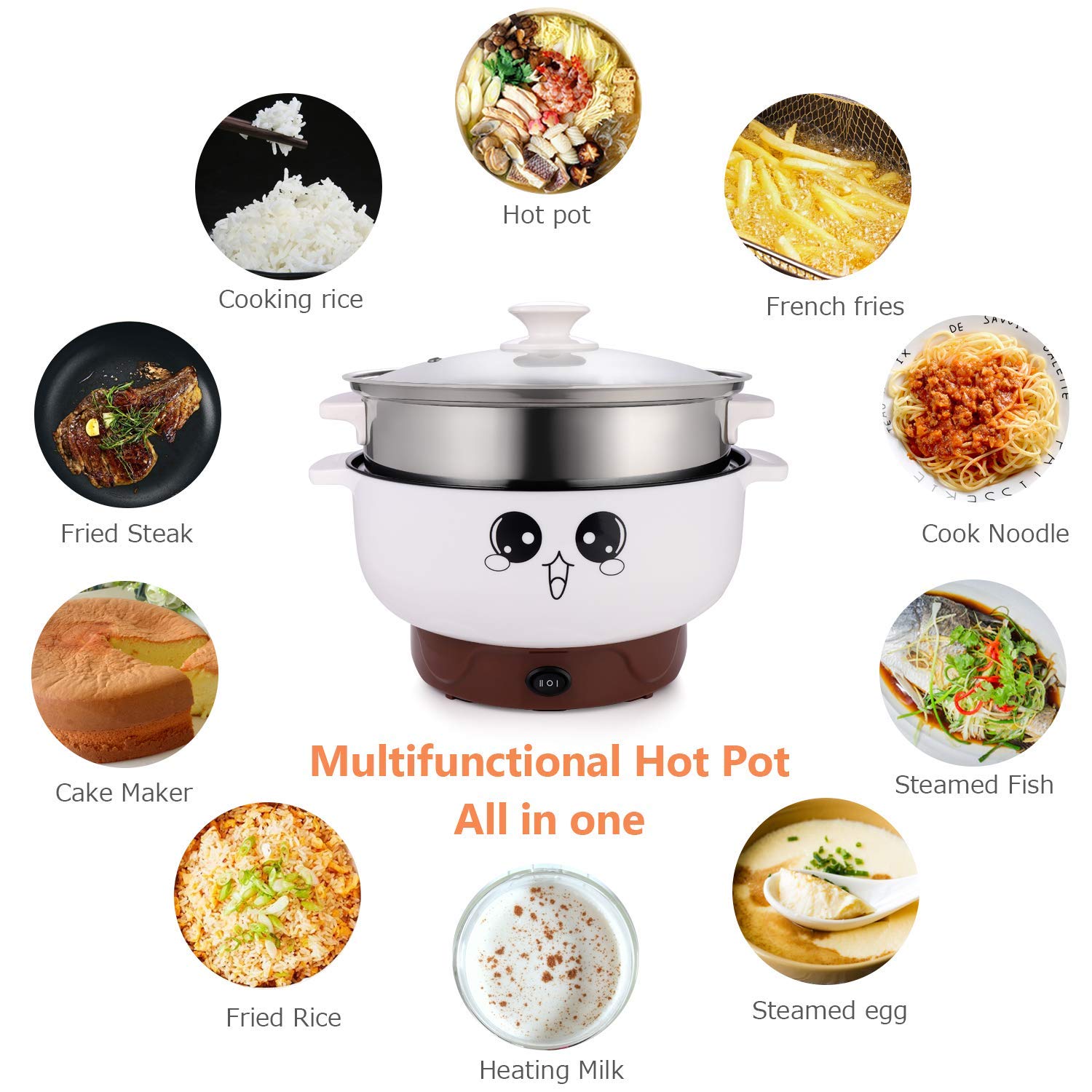 4-IN-1 Multifunction Electric Cooker Skillet Grill Pot Wok Electric Hot Pot for Noodles Cook Rice Fried Stew Soup Steamed Fish Boiled Egg Small Non-stick (2.3L, with Lid and Steamer)