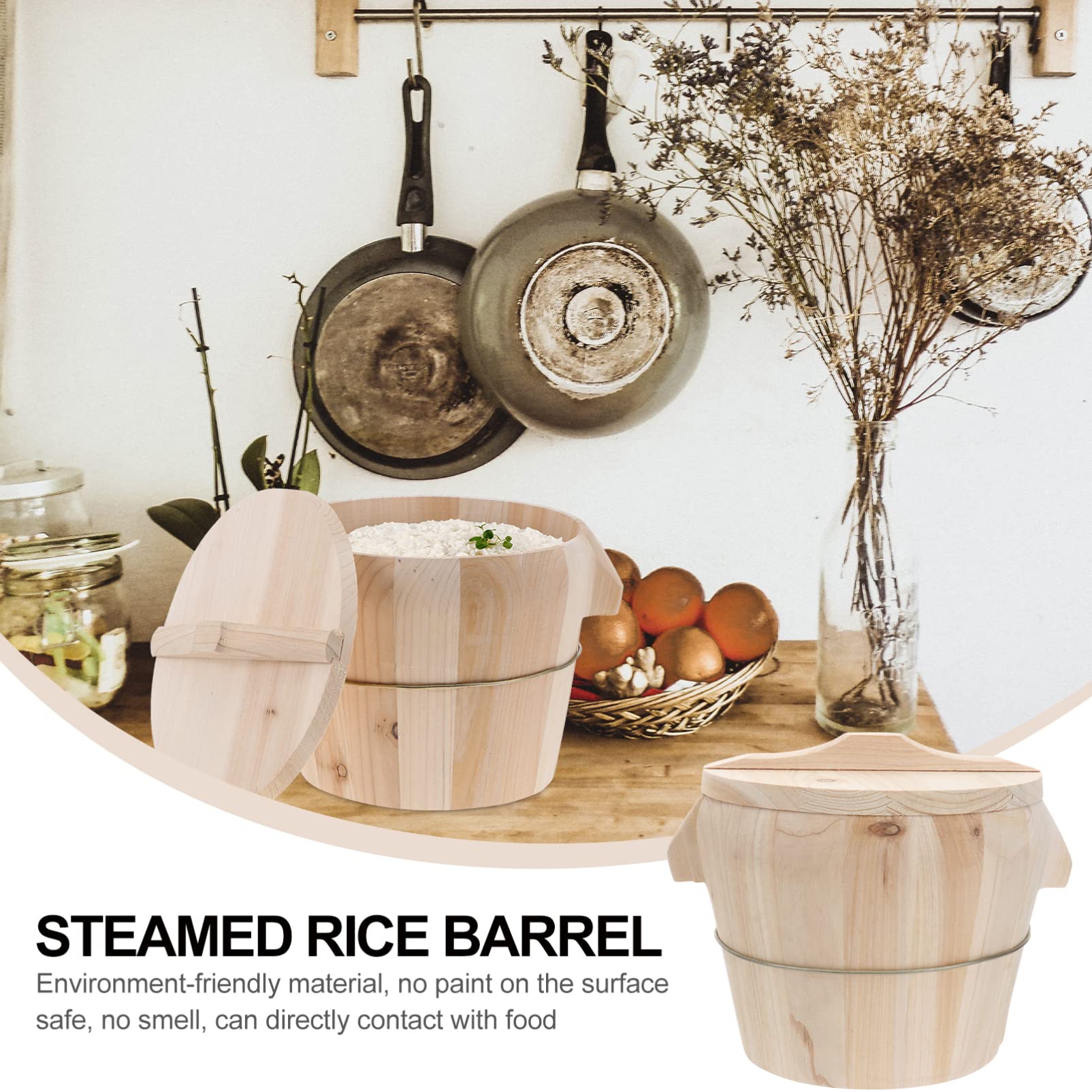 BESTonZON Bamboo Handmade Rice Bucket Rice Steamed Bucket with Lid Rice Steamer Baskets Rice Barrel Wooden Wood Cooking Steamer Dumpling Steamer Basket