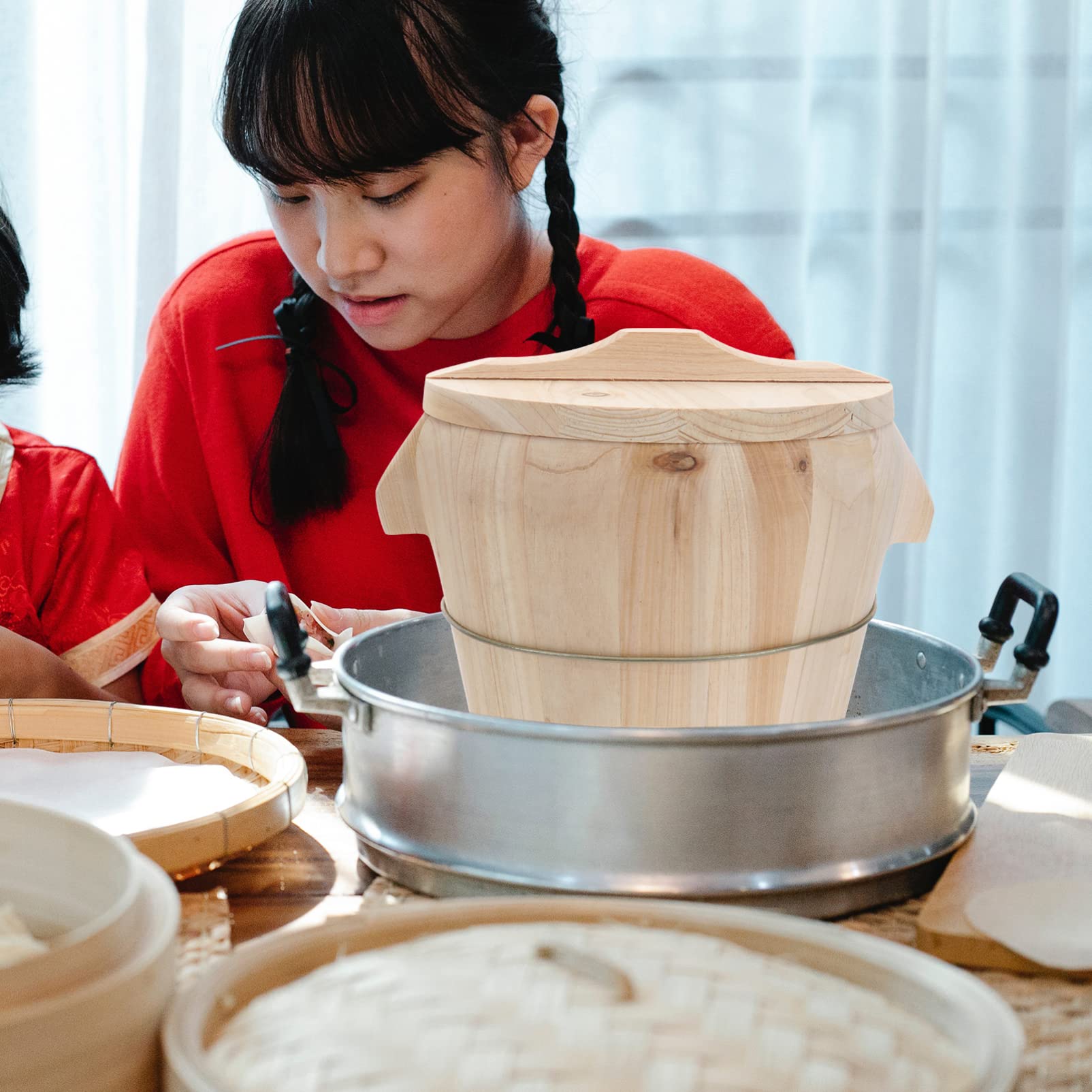 BESTonZON Bamboo Handmade Rice Bucket Rice Steamed Bucket with Lid Rice Steamer Baskets Rice Barrel Wooden Wood Cooking Steamer Dumpling Steamer Basket