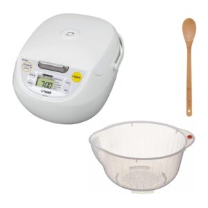 tiger jbv-s18u 10-cup microcomputer controlled 4-in-1 rice cooker (white) bundle with rice washing bowl and bamboo spoon (3 items)