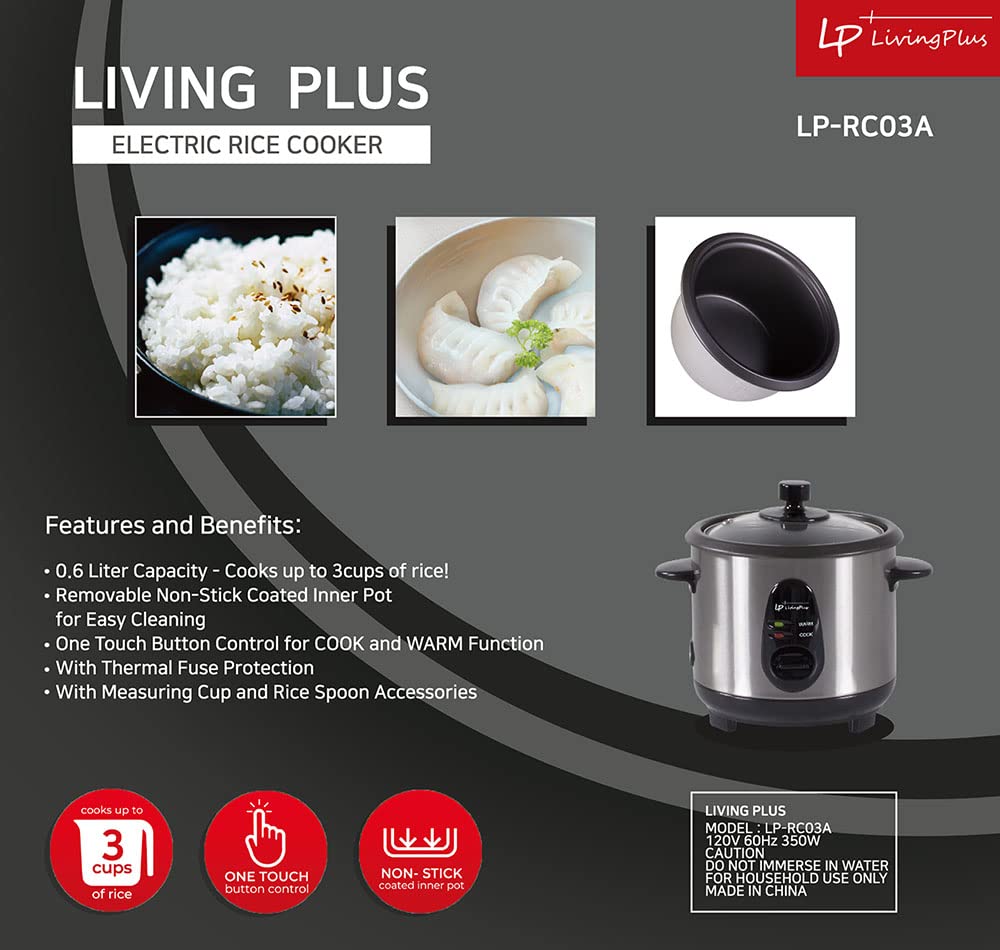 LP Living Plus Electric Rice Cooker, Non Stick Coating, One Touch Button (0.6L/3Cup)