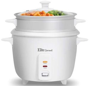 maxi-matic elite gourmet erc-003st electric rice cooker & steamer w/automatic keep warm makes soups, stews, grains, cereals, 6 cooked (3 cups uncooked), 6 cups cups), white