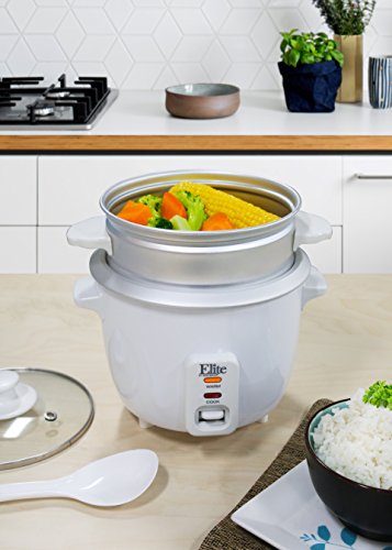 Maxi-Matic Elite Gourmet ERC-003ST Electric Rice Cooker & Steamer w/Automatic Keep Warm Makes Soups, Stews, Grains, Cereals, 6 Cooked (3 Cups Uncooked), 6 Cups Cups), White