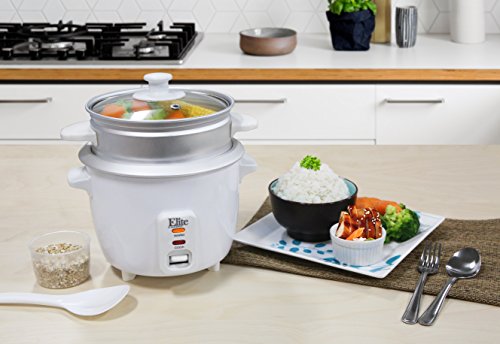 Maxi-Matic Elite Gourmet ERC-003ST Electric Rice Cooker & Steamer w/Automatic Keep Warm Makes Soups, Stews, Grains, Cereals, 6 Cooked (3 Cups Uncooked), 6 Cups Cups), White