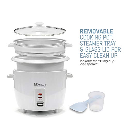 Maxi-Matic Elite Gourmet ERC-003ST Electric Rice Cooker & Steamer w/Automatic Keep Warm Makes Soups, Stews, Grains, Cereals, 6 Cooked (3 Cups Uncooked), 6 Cups Cups), White