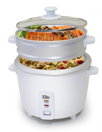 Maxi-Matic Elite Gourmet ERC-003ST Electric Rice Cooker & Steamer w/Automatic Keep Warm Makes Soups, Stews, Grains, Cereals, 6 Cooked (3 Cups Uncooked), 6 Cups Cups), White