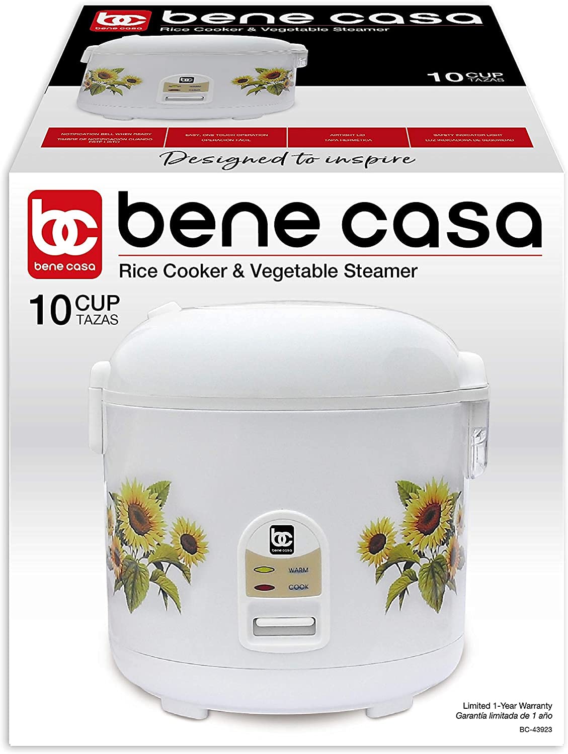 Bene Casa - Non-stick Thermal Rice Cooker with Steamer Tray (11.5" x 12") - Features a Cool-touch Exterior and an Auto Shut-off Feature - Dishwasher Safe Inner Pot