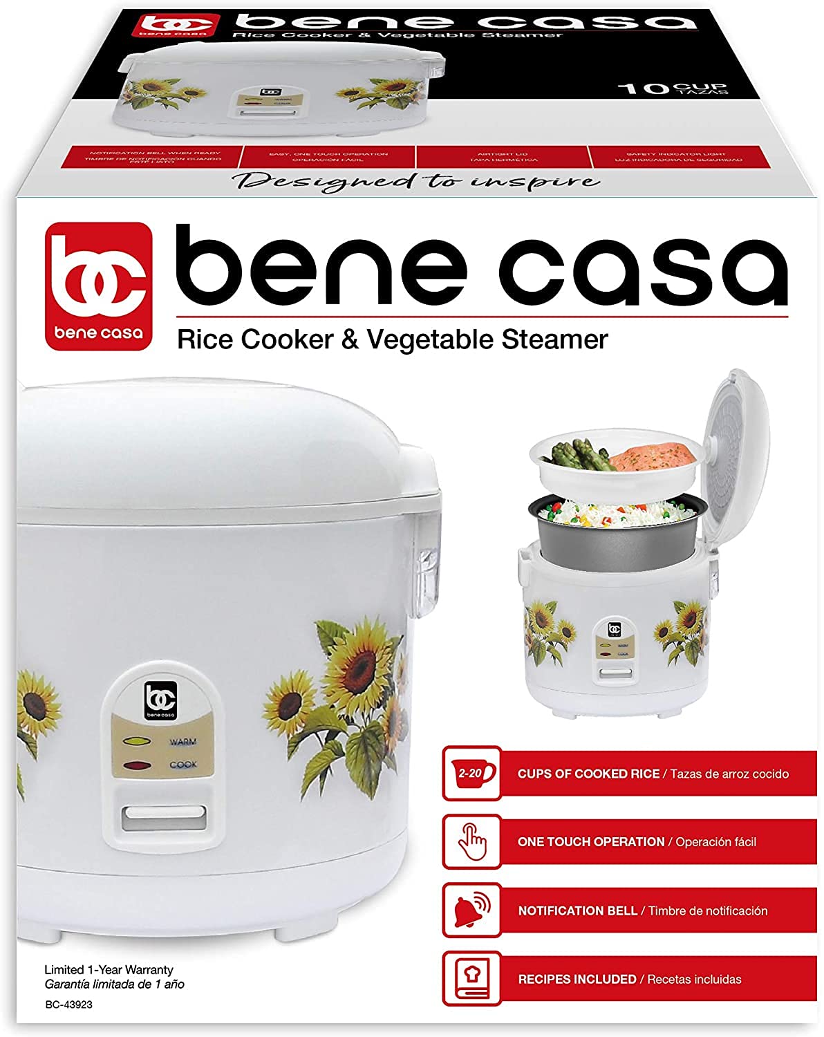 Bene Casa - Non-stick Thermal Rice Cooker with Steamer Tray (11.5" x 12") - Features a Cool-touch Exterior and an Auto Shut-off Feature - Dishwasher Safe Inner Pot