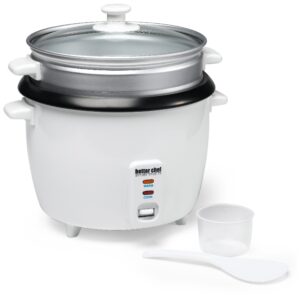 better chef basic rice cooker with food steamer | glass lid | non-stick | cool-touch | paddle and cup included (20-cup, white)