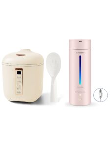 chaceef mini rice cooker 2-cups uncooked, 1.2l portable non-stick small travel rice cooker beige & chaceef travel electric kettle, 350ml small portable kettle with non-stick coating, pink