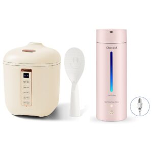 CHACEEF Mini Rice Cooker 2-Cups Uncooked, 1.2L Portable Non-Stick Small Travel Rice Cooker Beige & CHACEEF Travel Electric Kettle, 350ml Small Portable Kettle with Non-stick Coating, Pink