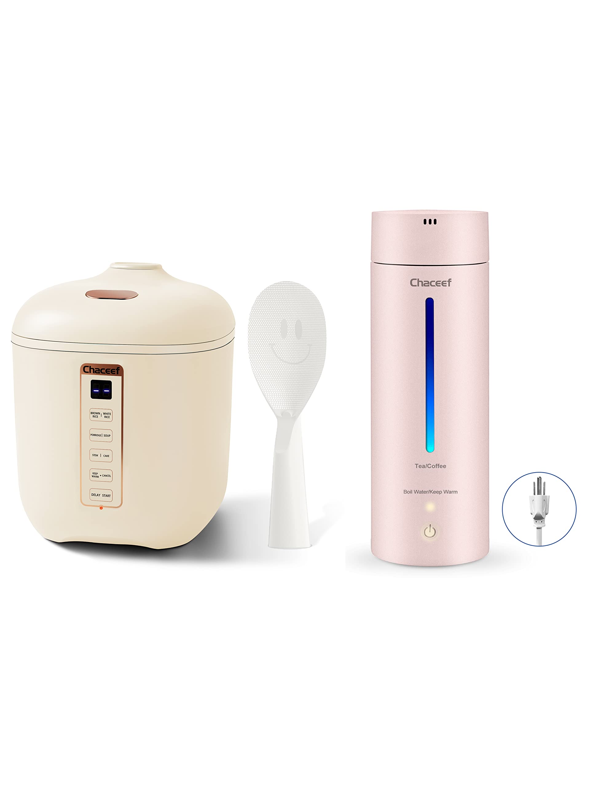 CHACEEF Mini Rice Cooker 2-Cups Uncooked, 1.2L Portable Non-Stick Small Travel Rice Cooker Beige & CHACEEF Travel Electric Kettle, 350ml Small Portable Kettle with Non-stick Coating, Pink