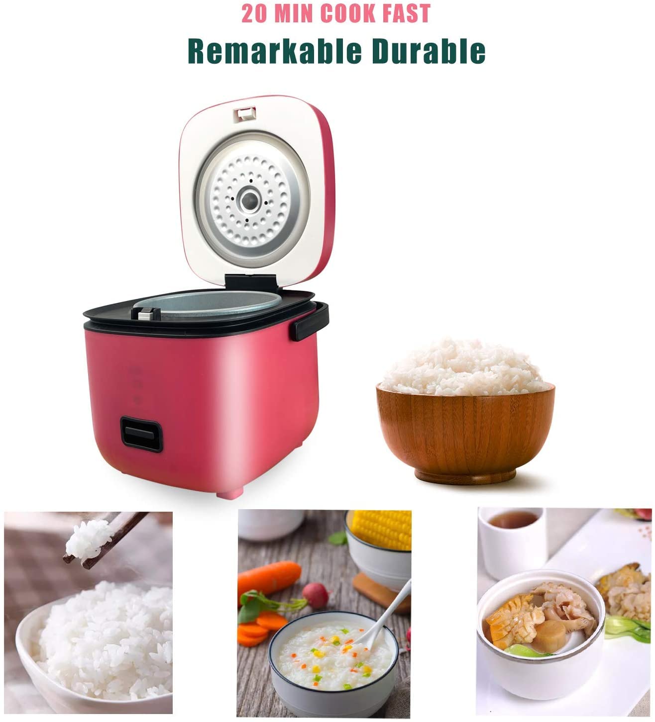 Rice Cooker Small with Removable Non-stick Pot, Mini Rice Cooker for 1-2 People, 4 cups Uncooked, 1.2L Rice Cooker Small, Ideal for Stews, Soups, Porridge, Grains, Oatmeal, Red