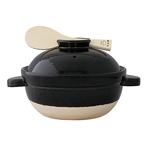 Hasegatani Pottery ACT-03 Hasegaen Kamado-san Rice Earthenware Pot, 2 Cups, Approx. 33.8 fl oz (1,000 ml), Direct Fire, Black