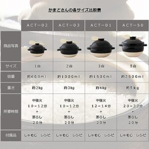 Hasegatani Pottery ACT-03 Hasegaen Kamado-san Rice Earthenware Pot, 2 Cups, Approx. 33.8 fl oz (1,000 ml), Direct Fire, Black