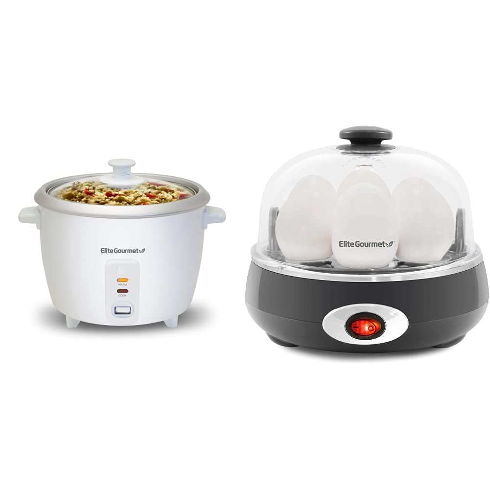 Elite Gourmet ERC-003 Electric Rice Cooker, 6 Cups Cooked (3 Cups Uncooked), White & EGC007CHC# Rapid Egg Cooker, 7 Easy-To-Peel, Hard, Medium, Alarm, 16-Recipe Booklet, Charcoal Grey