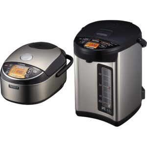 zojirushi np-nwc10xb pressure induction heating rice cooker & warmer, 5.5 cup, stainless black, made in japan & cv-jac40xb water boiler & warmer, 4.0-liter, stainless black