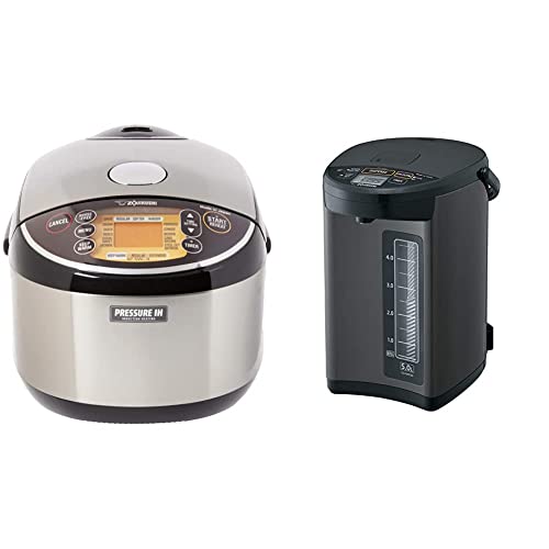 Zojirushi Pressure Induction Heating Rice Cooker & Warmer, 10 Cup, Stainless Black, Made in Japan and CD-NAC50BM Micom Water Boiler & Warmer, 5.0 Liter, Metallic Black