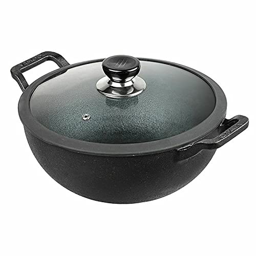 Aakrati Devyom Legacy Non Stick Induction Hob Wok with Lid - Deep Stir Cast Iron Kadai Pan with Lid - 22cm, 2.4 Litre